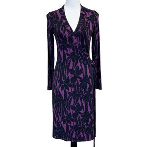 Boden Jersey Wrap Dress In Purple Bamboo Floral Print Size 8 Midi Cottagecore